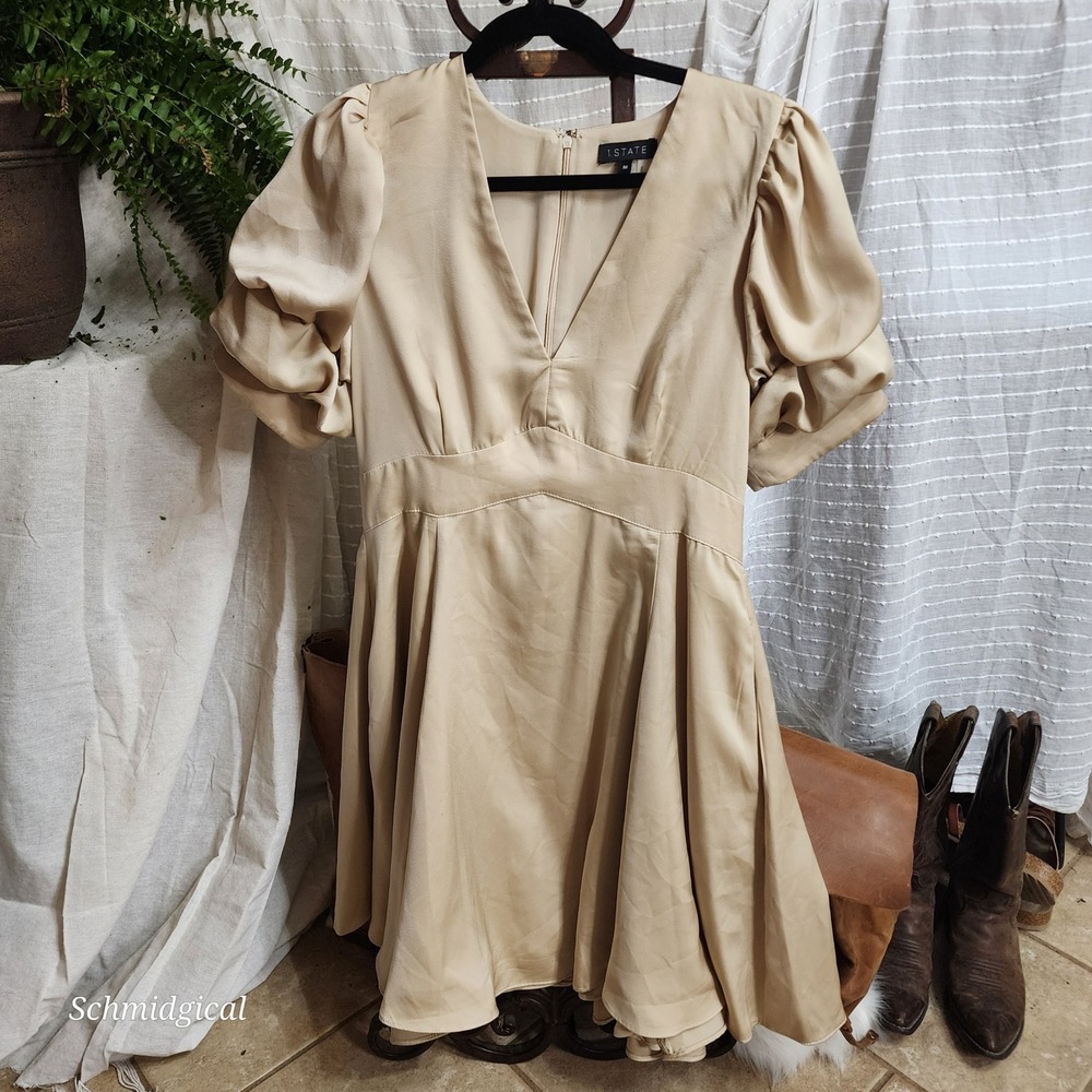 1.STATE Womens V-Neck Puff Sleeve Satin Mini Dress Champagne Beige Size M Pocket